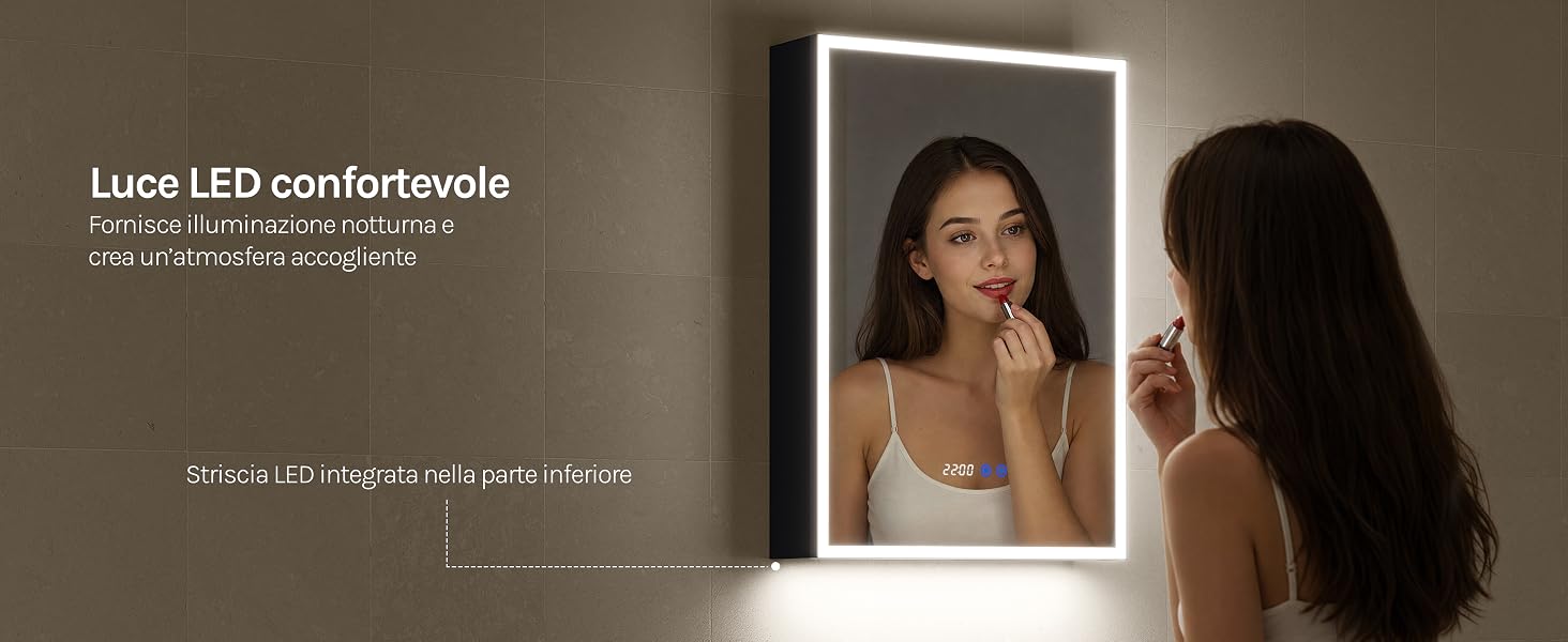 Il testo recita «Luxo LED comfortexele». Specchio da bagno illuminato a LED con cornice illuminata visualizzata accanto al riflesso di una donna, a dimostrazione della funzione di illuminazione.