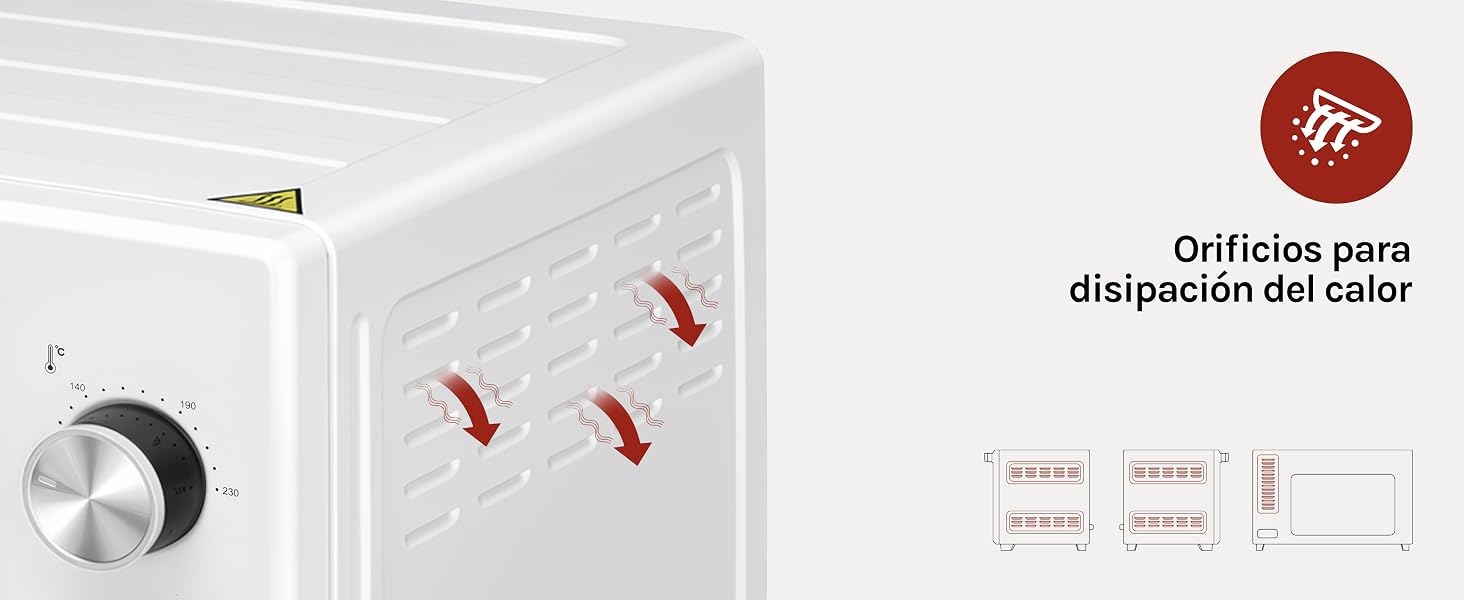 Primer plano del control de calefacción del radiador blanco con dial de ajuste y diagrama esquemático que muestra el patrón de dispersión del flujo de aire con flechas rojas.