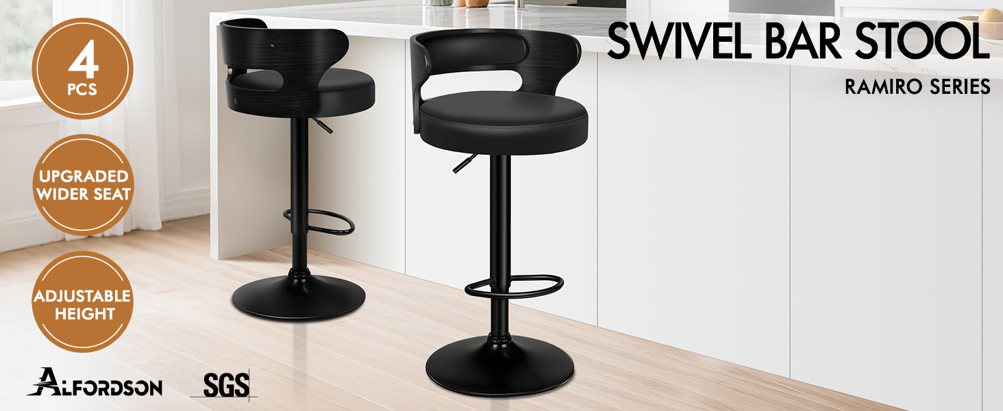 Text reads "SWIVEL BAR STOOL" and "KAUNO SERIES" with certifications shown. Two black swivel bar stools with padded seats and adjustable height on pedestal bases displayed on wooden surface.