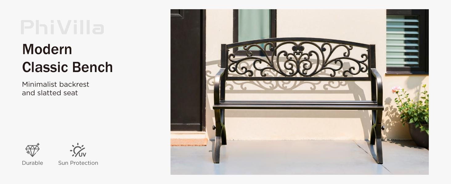 Text reads 'Classic Bench' and 'Modern'. Series of outdoor benches showing traditional and contemporary designs in metal and wood construction.