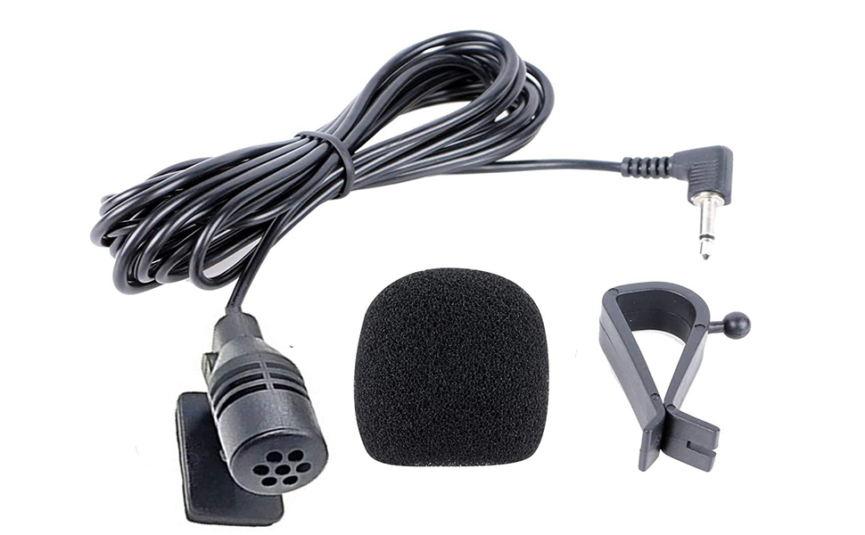 Microphone accessory kit including a long black cable with angled plug, windscreen foam cover, and clip-on mount for hands-free use.