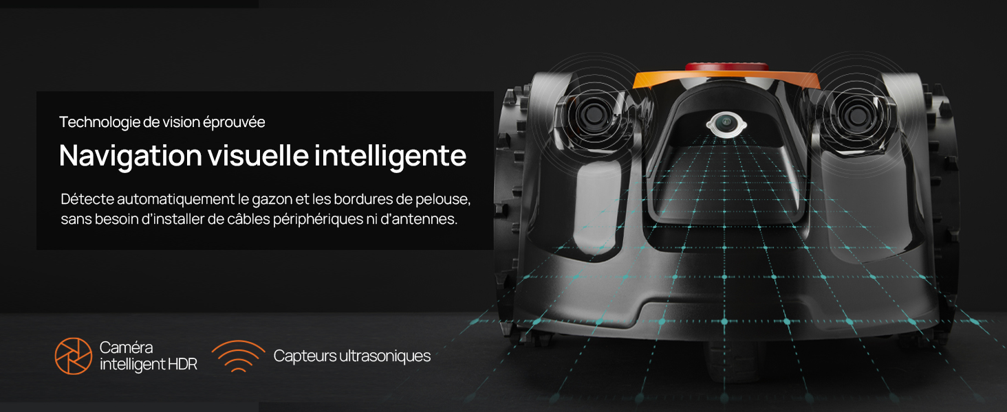 Le texte indique « Navigation visuelle intelligente » avec des images du produit montrant un appareil compact de couleur foncée avec une lentille circulaire et des commandes techniques, qui semble être un équipement de navigation ou d'imagerie.