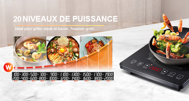 avec 20 niveaux de puissance, mettant en valeur différents plats. Panneau d'affichage avec commandes numériques visibles. Poêle à sauter avec les crevettes et les légumes sur la surface de cuisson