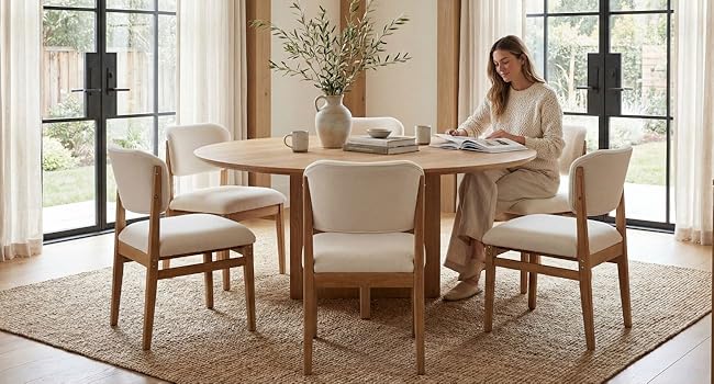 Modern dining room interior featuring round table with four wooden chairs, pendant lighting, large windows, and contemporary furnishings.