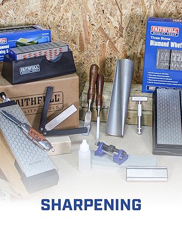 Text reads 'SHARPENING'. Display of various knife sharpening tools and accessories including diamond sharpeners and metal components arranged on textured surface.