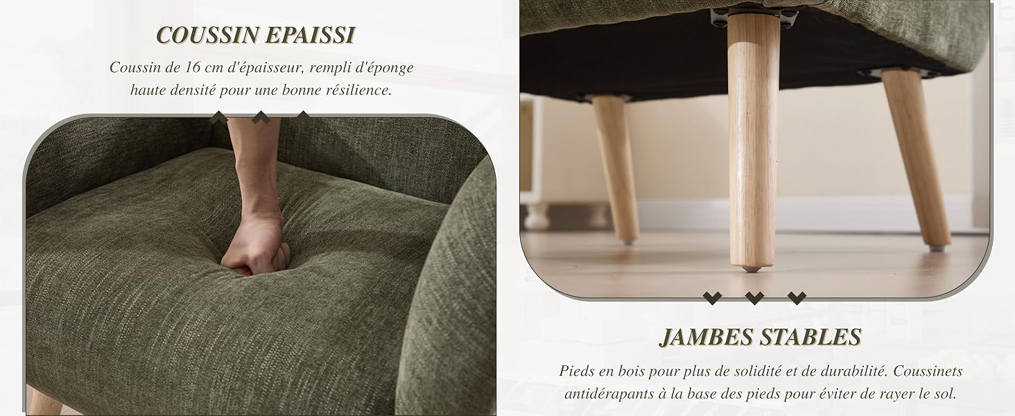 Le texte indique « COJINES ENESSI » et « JAMBES STABLES ». Image divisée montrant un coussin vert ou une surface en tissu et des pieds de meuble.