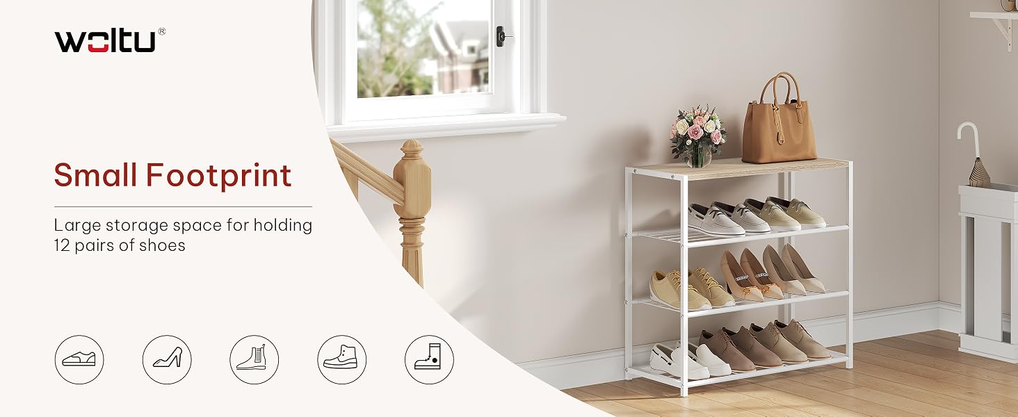 White three-tier shoe storage rack with compact design.