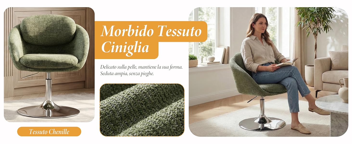 Il testo dice «Poltrona lounge girevole mobile». Immagine composita che mostra una sedia moderna imbottita verde da più angolazioni con braccioli curvi e base in metallo.
