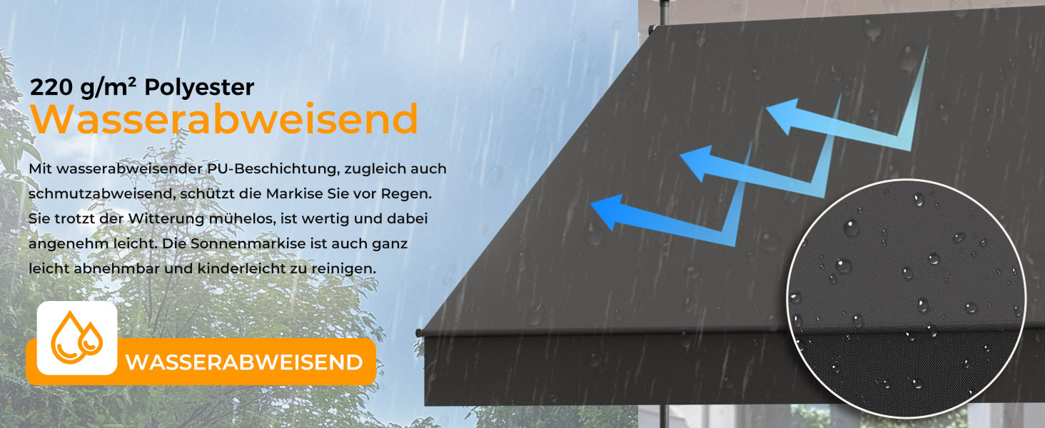Der Text lautet: „220 g/m² Polyester“ und „Wasserabweisend“. Diagramm des technischen Gewebes, das die wasserabweisenden Eigenschaften mit blauen Richtungspfeilen zeigt.