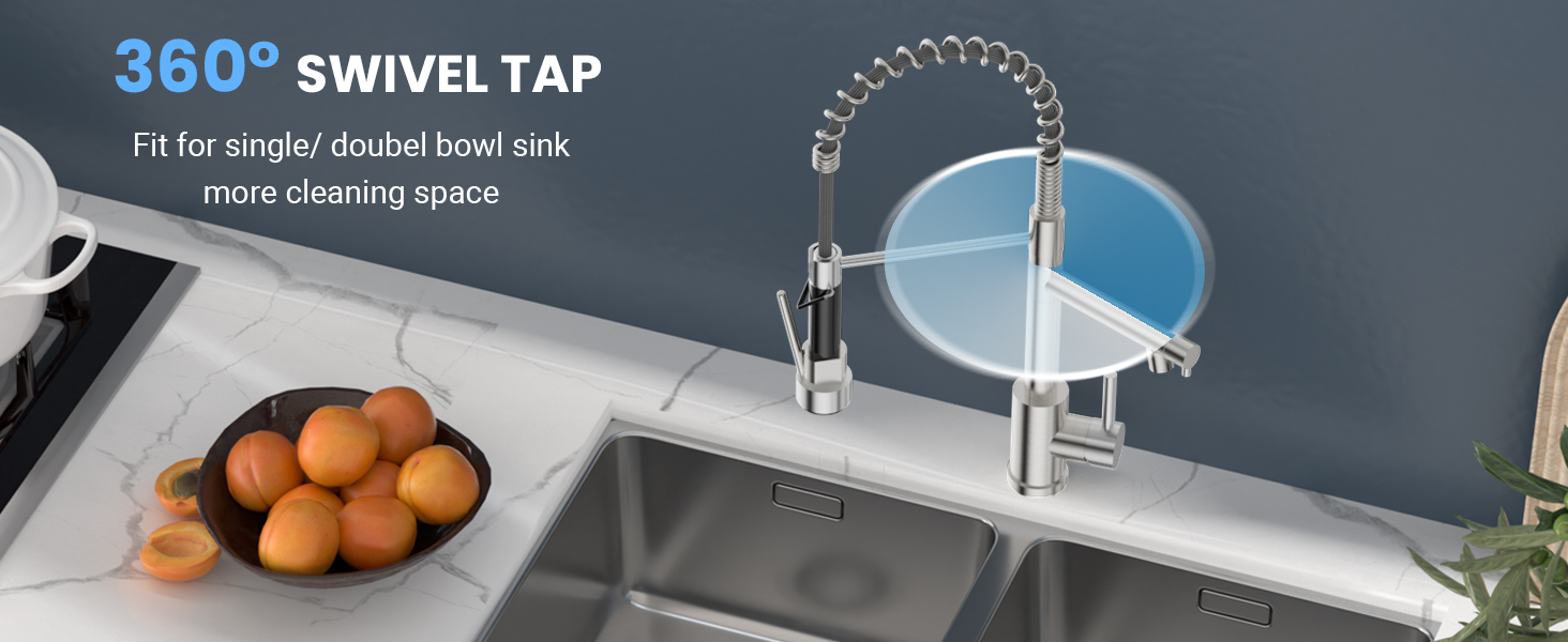 Kitchen sink with 360-degree swivel faucet installation, showing range of motion and sink bowl layout.