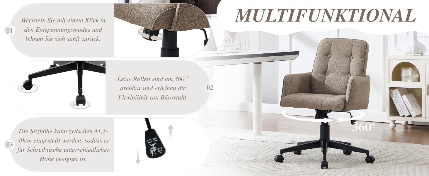 Text lautet „MULTIFUNKTIONAL“. Mehrere Produktbilder zeigen einen Bürostuhl aus verschiedenen Blickwinkeln mit technischen Daten.