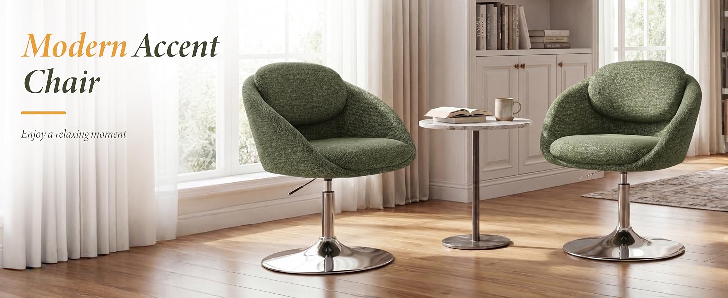 Text reads 'Modern Accent Chair'. Interior photo showing three green upholstered swivel chairs with rounded backs against white wall and curtains.