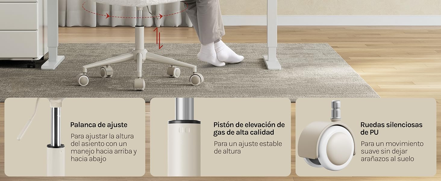 Tres fotos de demostración del producto que muestran un dispositivo cilíndrico blanco en diferentes superficies de suelo (baldosas, madera, moqueta) con etiquetas de texto descriptivo en francés debajo de cada imagen que detallan las características de rendimiento.