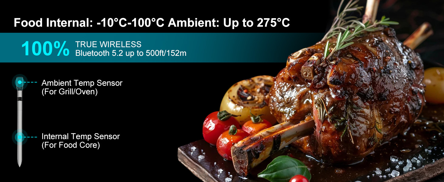 Text reads: 'Food Internal: -10°C-100°C Ambient: Up to 27°C 100%'. Temperature gauge graphic showing food safety range with blue indicator.