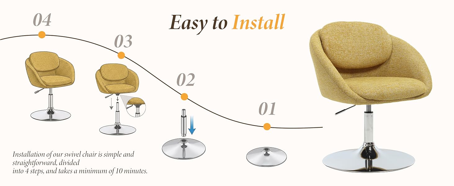 Text reads 'Easy to Install' with numbered assembly steps 01-04 showing installation progression of golden upholstered lounge chair with adjustable chrome base.