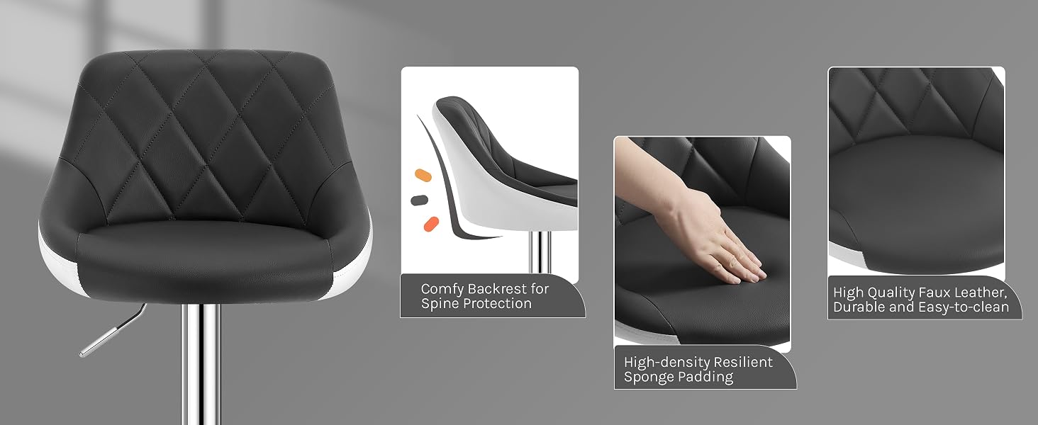 Black upholstered bar stool with quilted diamond pattern seat and backrest.
