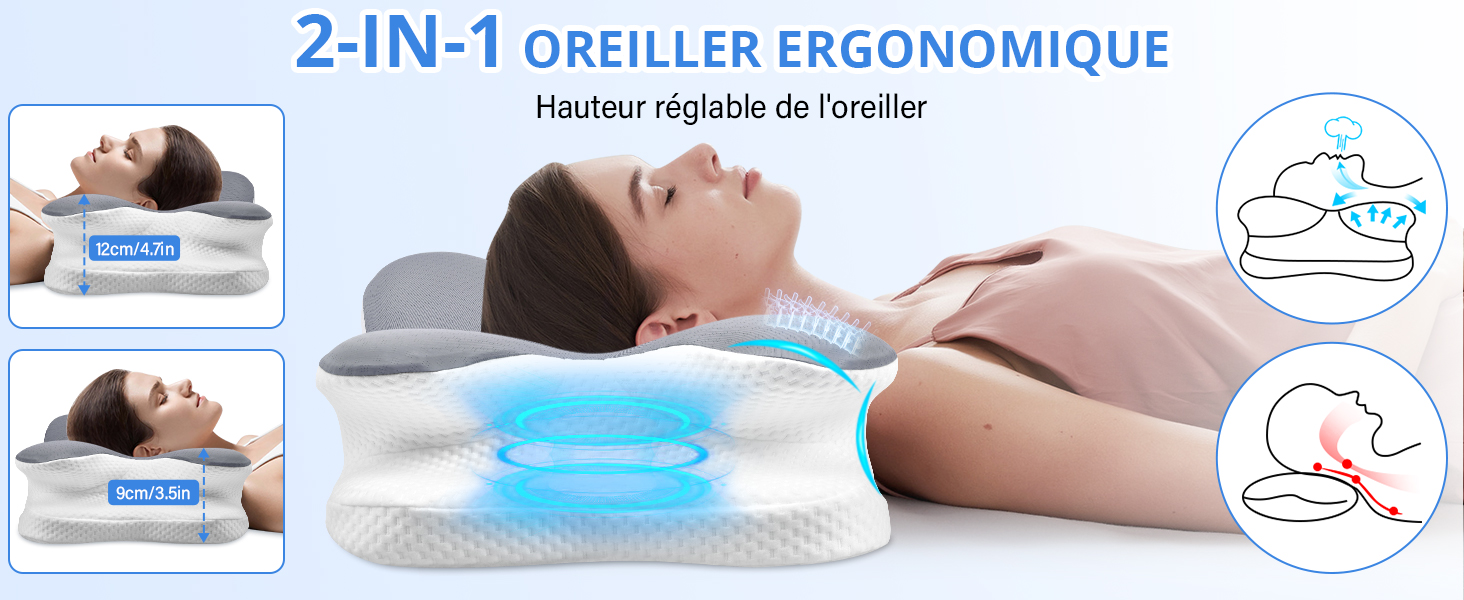 Le texte indique « OREILLER ERGONOMIQUE 2 EN 1 ». Plusieurs images de produits montrant un oreiller ergonomique blanc avec des reflets bleus, illustrés dans différentes positions de sommeil à l'aide de diagrammes anatomiques.