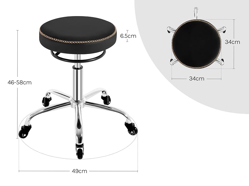 con base cromada y ruedas. El diagrama técnico muestra las dimensiones: 34 cm de diámetro del asiento, 45-56 cm de altura, 49 cm de extensión de