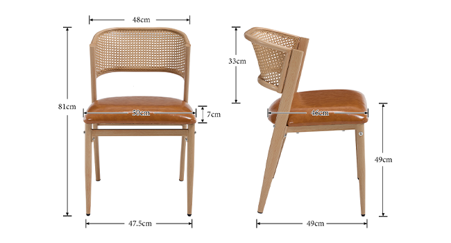 Schéma technique montrant les mesures et les dimensions d'un design de chaise sous plusieurs angles. Comprend des spécifications détaillées concernant la hauteur, la largeur et la profondeur du siège.