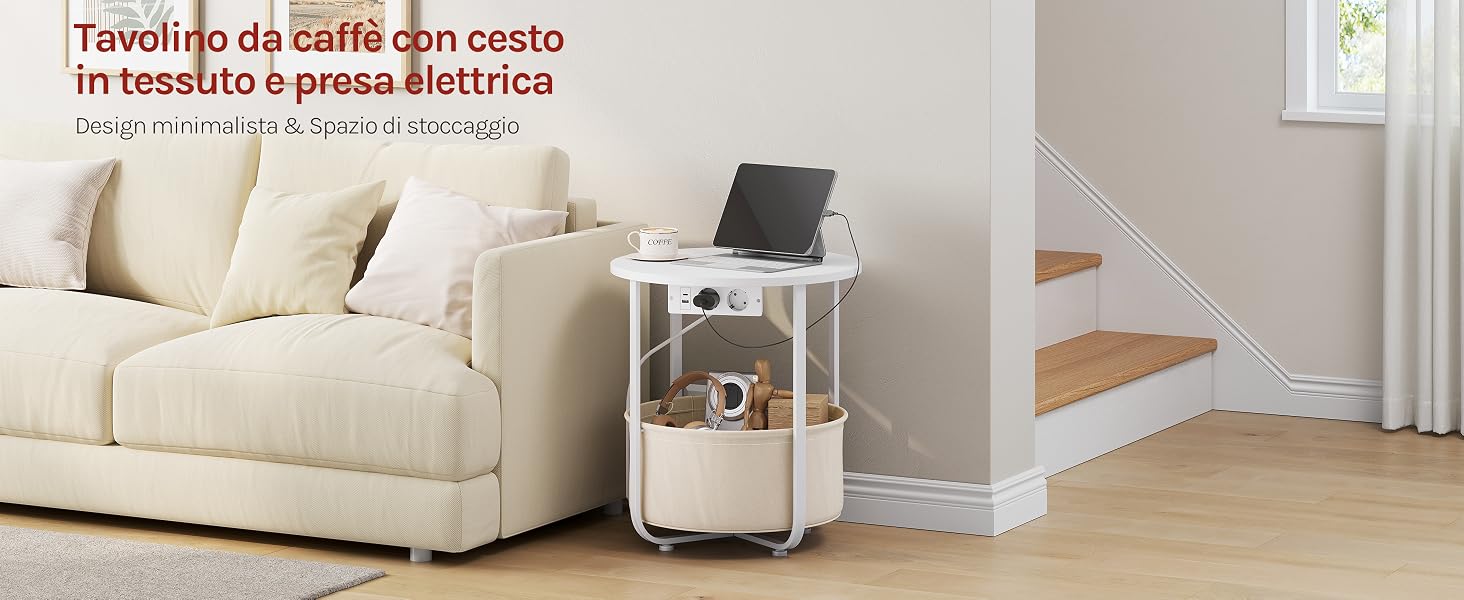 Il testo recita «Tesoridio da Giallo con esto» e un testo in spagnolo sulle caratteristiche elettriche. Dispositivo di riscaldamento cilindrico bianco posizionato sul pavimento accanto al divano beige nel luminoso soggiorno.