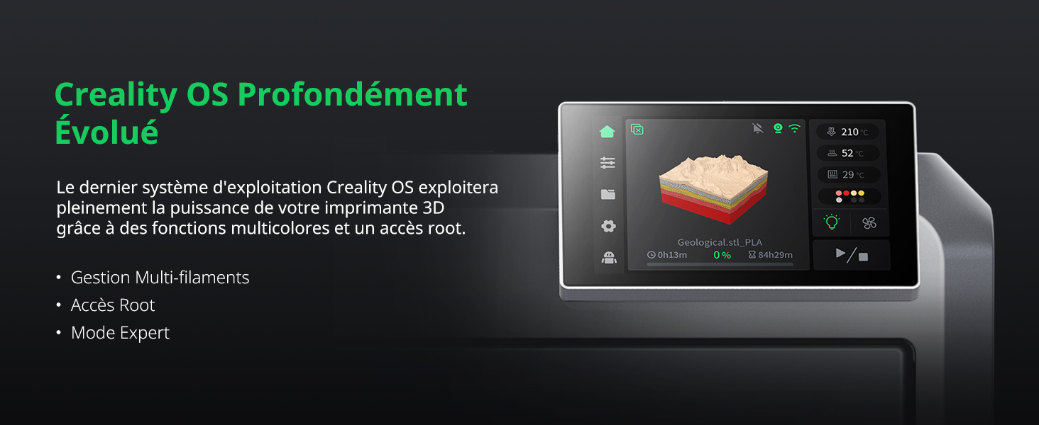 Le texte indique « Creality Q5 Profondement Evolution ». Écran d'affichage de l'imprimante 3D numérique montrant l'interface d'imagerie thermique. Présentation du produit avec la liste des spécifications ci-dessous.