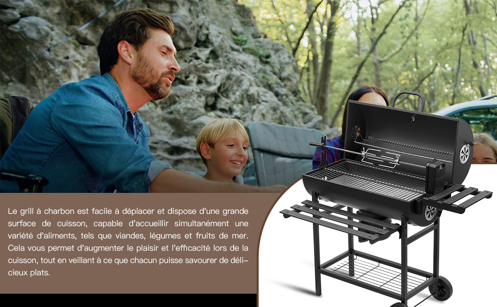 Image divisée montrant une scène de grillades en plein air et une image du produit d'un grand gril à charbon noir de style tonneau avec étagère latérale et roues.
