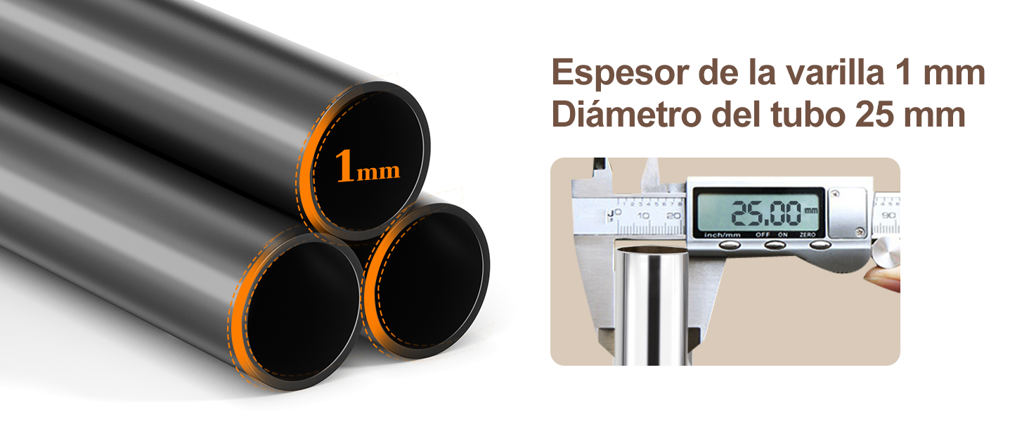 Le texte indique « Epaisseur de la varilla 1 mm » et « Diamètre du tube 25 mm ». Schéma technique montrant les mesures du tube surligné en orange.