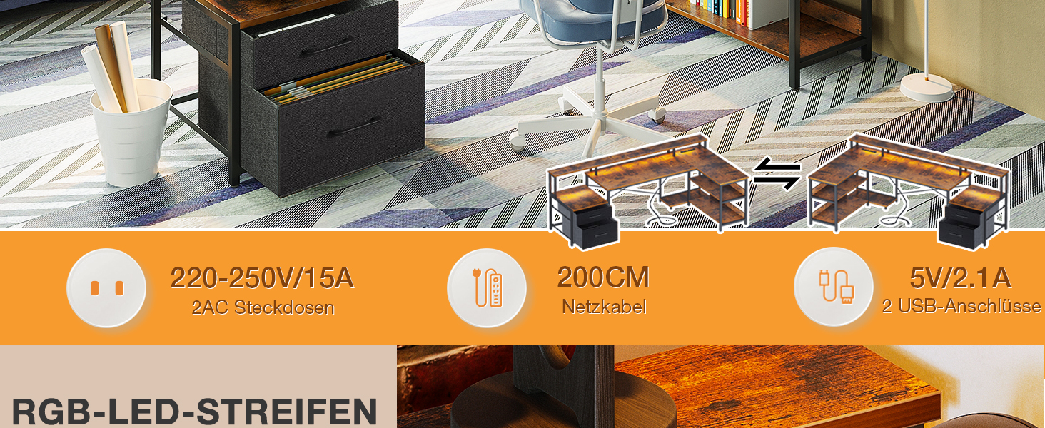 Produktbild des LED-Lichtstreifens mit Leistungsspezifikationen, Länge und Spannung. Die orangefarbene Informationsleiste zeigt technische Details an. Der Hintergrund zeigt einen Streifen, der verschiedene Oberflächen beleuchtet