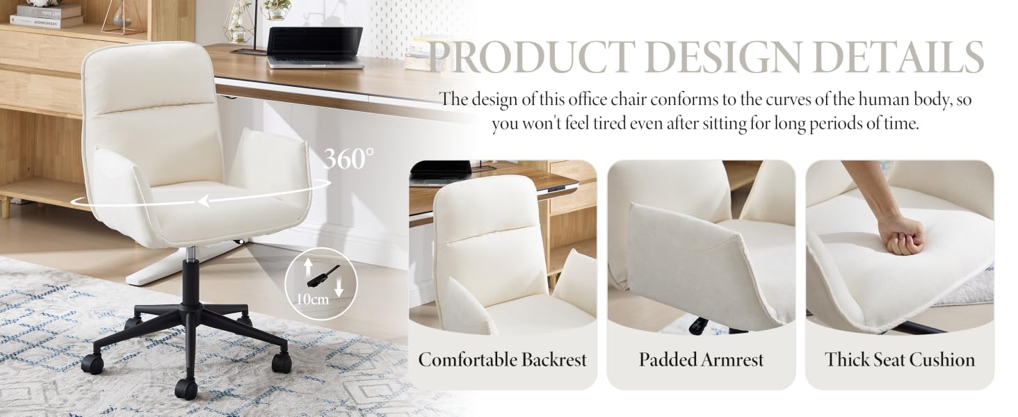 Text reads: 'PRODUCT DESIGN DETAILS'. Multiple angles of a white office chair showing features like padded armrest, backrest, and thick seat cushion.
