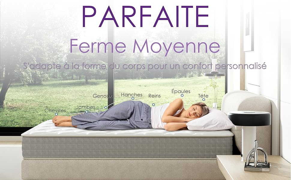 Publicité sur un matelas montrant une femme dormant sur un matelas gris. Le diagramme étiqueté indique le support pour différentes parties du corps. L'arrière-plan montre une scène extérieure brumeuse à travers la fenêtre.