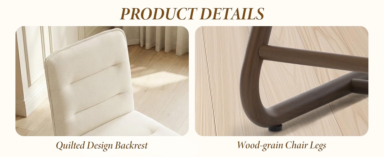 Text reads 'PRODUCT DETAILS', 'Quilted Design Backrest', 'Wood grain Chair Legs'. Two-panel product image showing close-up of quilted chair backrest and wooden chair legs.