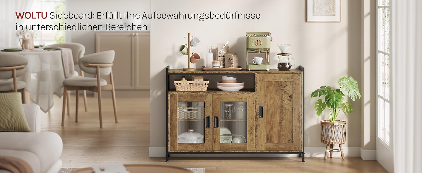 Der Text lautet „WOLTU Schlafzimmer SERIE für“ [Teiltext sichtbar]. Innenwohnzimmerszene mit Aufbewahrungsschrank aus Holz mit Glastüren, Pflanzen, Stühlen und neutralem Dekor auf hellem Boden.