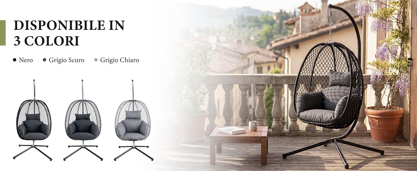 Il testo dice 'DISPONIBILE IN 3 COLORI'. Sono mostrate tre sagome sospese a forma di uovo in diversi colori, con una sedia sospesa completa visibile in giardino con cuscini e coperta.