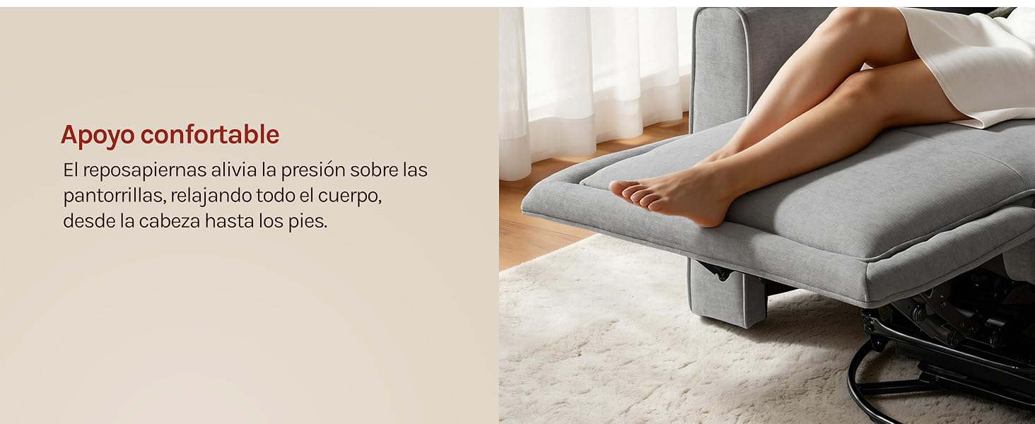 El texto dice «Apoyo confortable». Cojín gris que eleva las piernas de la persona sobre un mueble, que se muestra en una vista lateral como muestra de apoyo.
