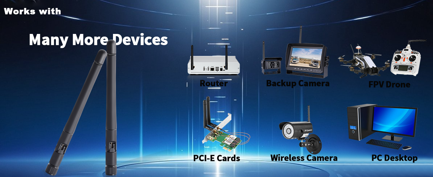 Text reads 'Works with Many More Devices'. Product compatibility display showing laptop, tablet and mobile device icons with connecting lines on dark blue background.