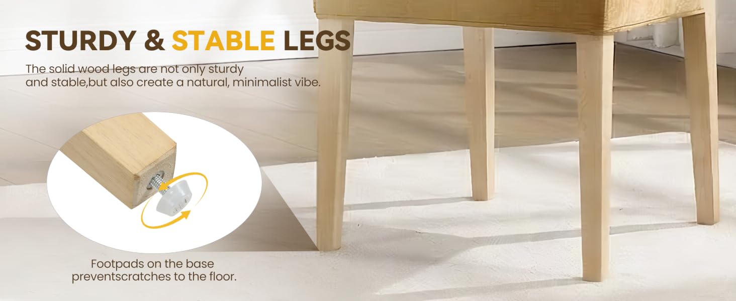 Text reads 'STURDY &amp; STABLE LEGS'. Product demonstration showing wooden furniture leg with protective floor pad attachment detail.