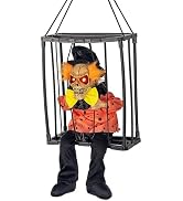 Clownfigur in orangefarbener und roter Kleidung, die an einer schwarzen Drahtkäfigkonstruktion hängt. Dekoratives Ausstellungsstück zum Aufhängen mit einer Clownfigur, die in einem geometrischen Käfigrahmen aus Metall gefangen ist.