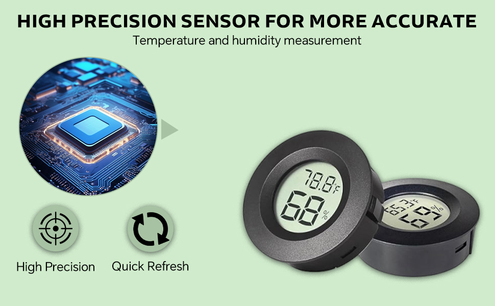Text reads 'HIGH PRECISION SENSOR FOR MORE ACCURATE Temperature and humidity measurement'. Product components showing sensor unit, quick refresh feature, and high precision capabilities.