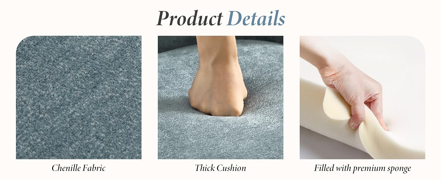 Text reads 'Product Details'. Multiple panels showing fabric or material samples being touched or handled, demonstrating texture and quality testing.