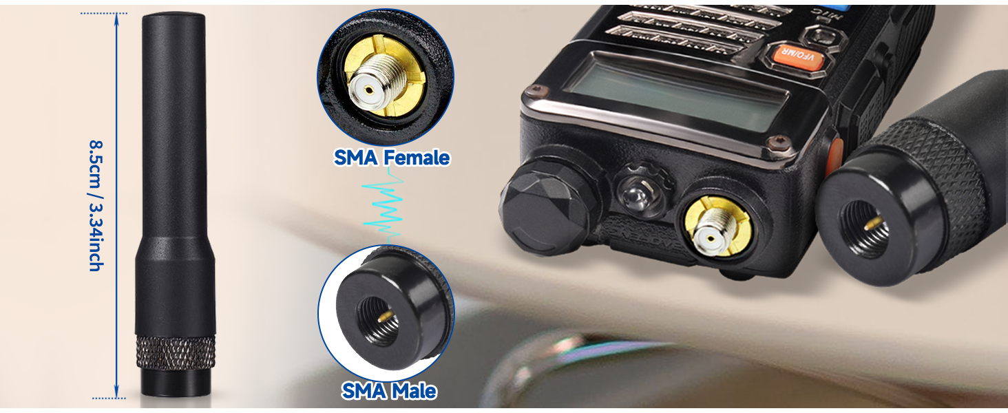 Handheld radio antenna with SMA female connector. Includes display of antenna length and close-up of SMA-Male connection point.