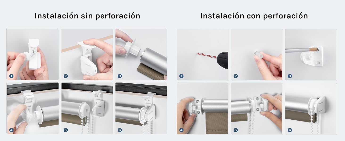 El texto dice «Instalación sin perforación» e «Instalación con perforación».
[SENTENCE 19] Guía de instalación paso a paso que muestra las opciones de montaje para una varilla o un accesorio de metal, con vistas de varios paneles que muestran los métodos de perforación y no perforación.