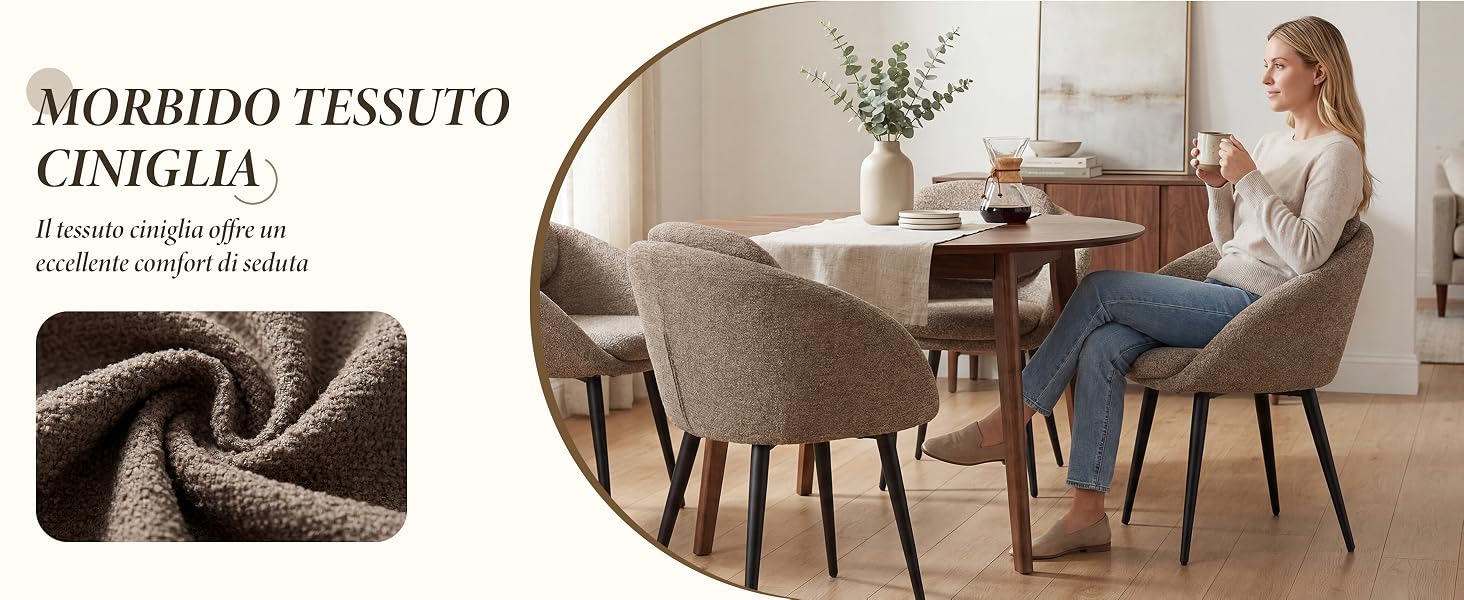 Il testo recita «MORBIDO TESSUTO CINIGLIA» e «Rivestito singolo utilizza un divano moderno e soffia». Sedia imbottita con tessuto testurizzato presentata in soggiorno con tavolo in legno e decorazioni naturali.