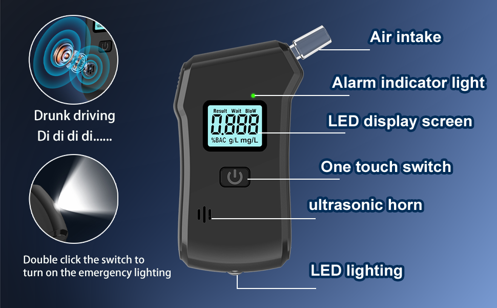 Text reads 'Drink driving', 'Air intake', 'Alarm indicator light', 'LED display screen', 'One touch switch', 'ultrasonic horn', 'LED lighting'. Product diagram showing features of a handheld device with digital display.