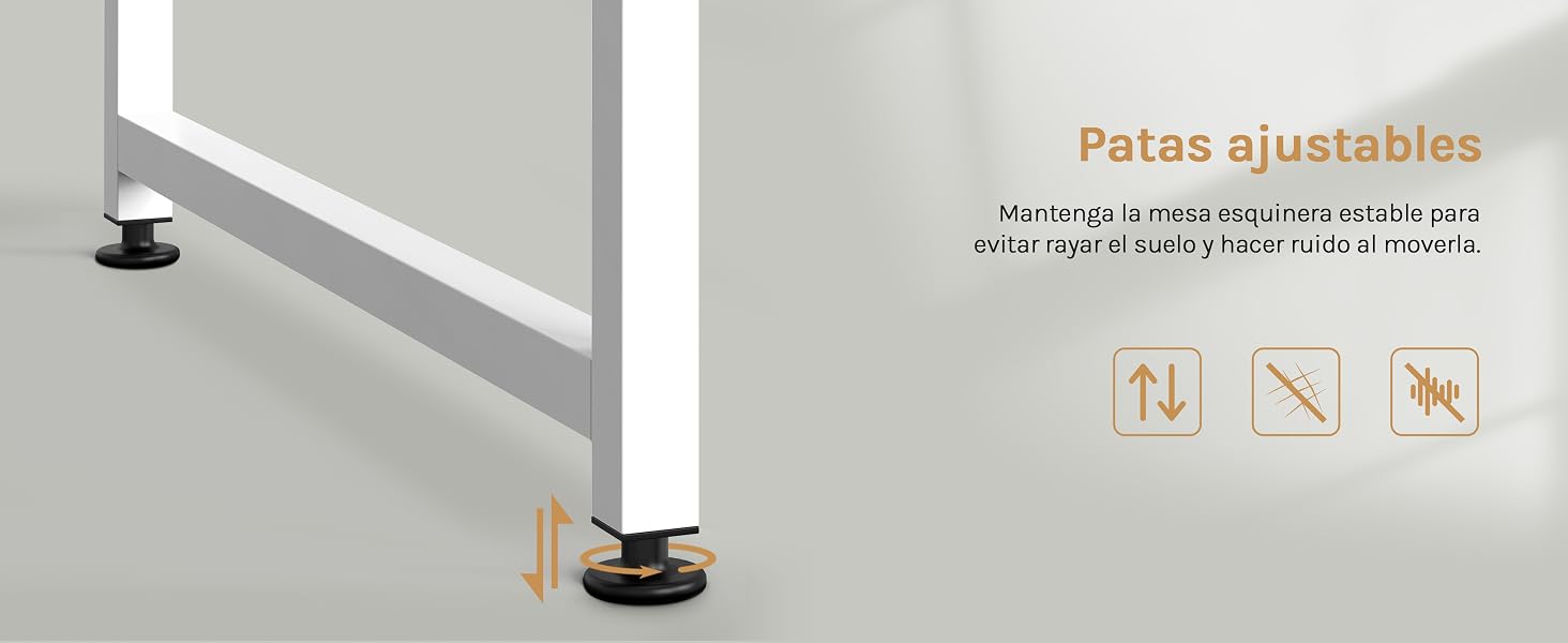 El texto dice «Patas ajustables». La imagen muestra los soportes ajustables para las patas de los muebles con instrucciones en forma de pictograma que muestran las posibilidades de ajuste.
