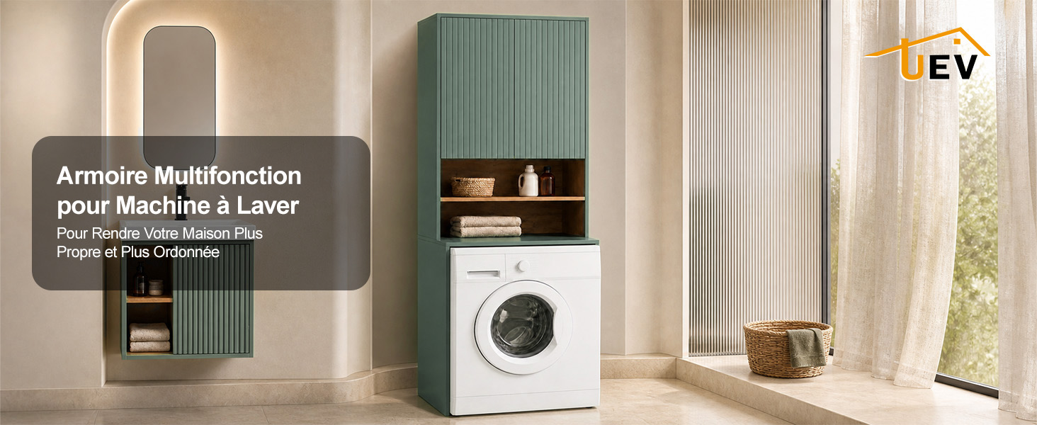 Le texte se lit comme suit : « Amaze Mindfunction », « per bene der E-Land ». Décoration intérieure de la maison comprenant une machine à laver blanche, une étagère blanche avec rangement, un radiateur vert et un luminaire suspendu sur des murs blancs.