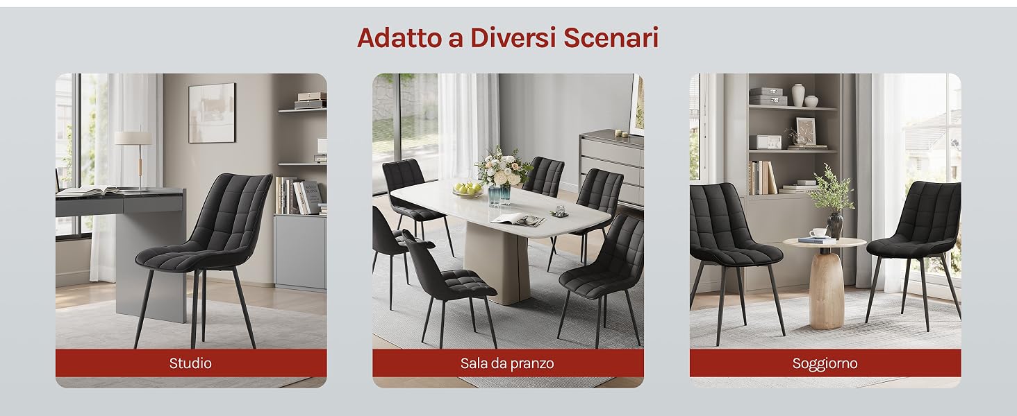 Moderno set di mobili per sala da pranzo con sedie imbottite grigie e tavolo con piano in vetro in tre diversi angoli di visualizzazione che mostrano vari layout della stanza.