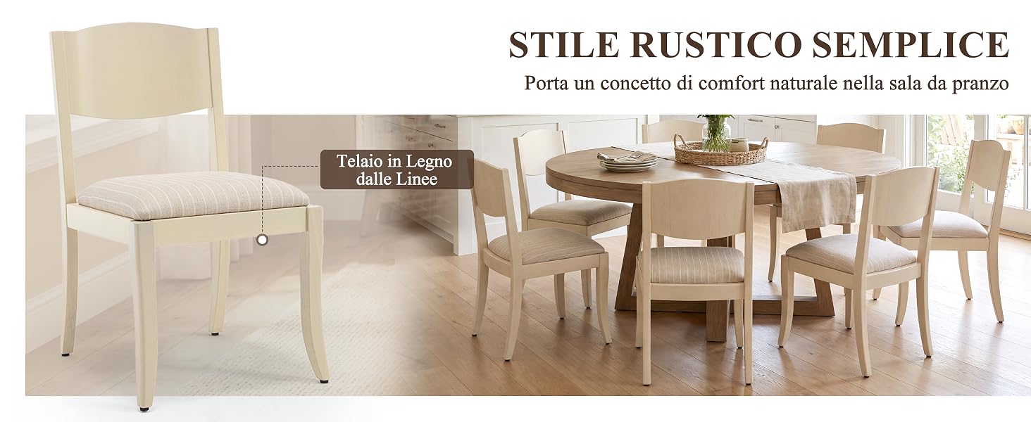 Il testo recita «STILE RUSTICO SEMPLICE» e «Porta un tocco di comfort naturale nella sala da pranzo». Set di mobili rustici per sala da pranzo con tavolo, sedie e contenitori abbinati in finitura naturale.