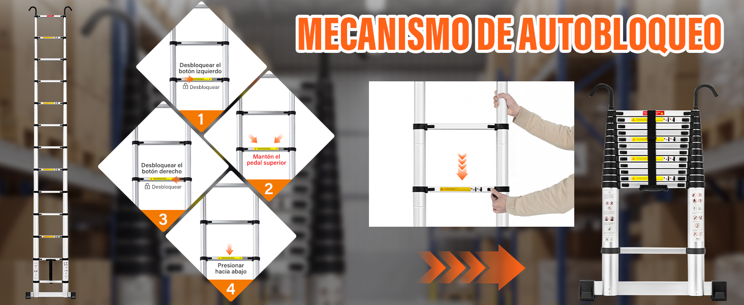 El texto dice «MECANISMO DE AUTOBLOQUEO». Diagrama técnico que muestra un sistema de bloqueo mecánico con varias etapas ilustrado en paneles en forma de diamante y una vista del ensamblaje final.