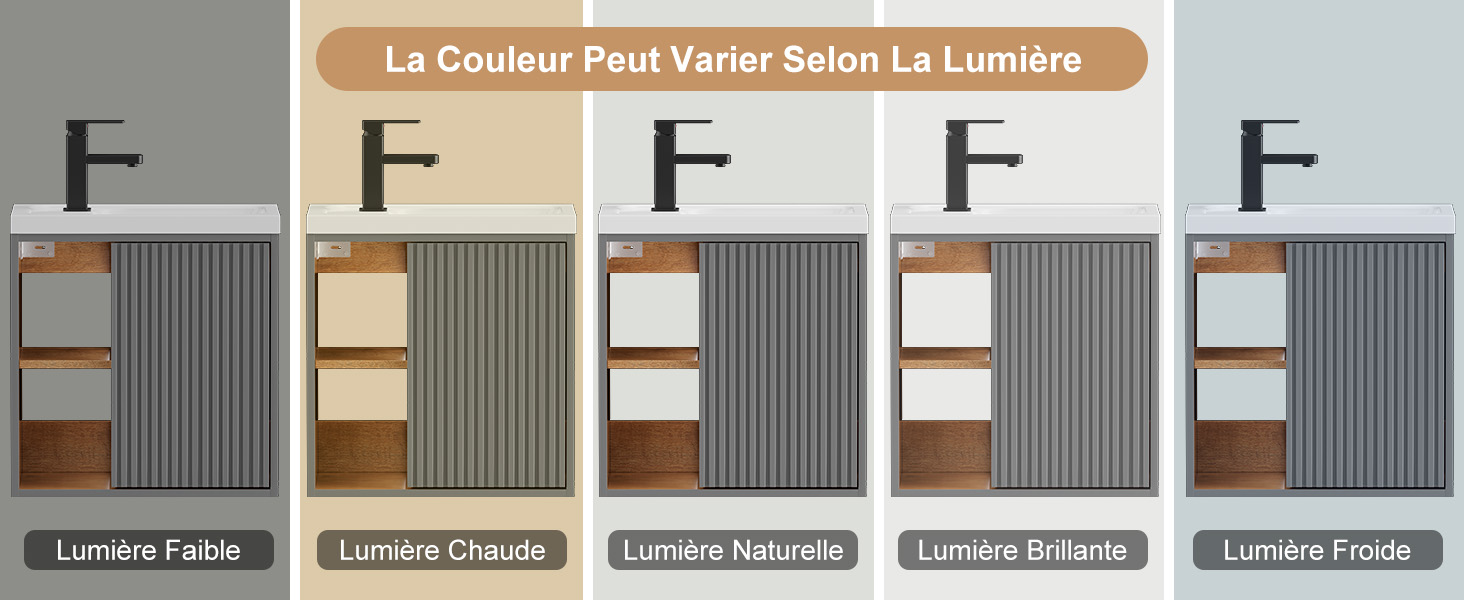 Le texte se lit comme suit : « La Couleur peut varier selon la Lumière » avec cinq modèles d'armoires étiquetés « Lumière Fabric », « Lumière Obsidian », « Lumière Warmth », « Lumière Birden », « Lumière Taupe ». Variations d'armoires à rayures verticales présentées dans différentes couleurs et finitions en bois.