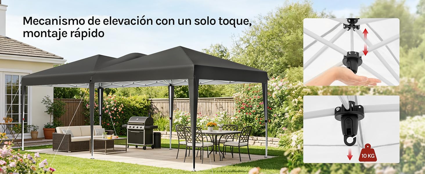 El texto dice «Mecanismo de elevación con un solo toque, montaje rápido». Demostración de la instalación de un paraguas en exteriores que muestra el mecanismo de elevación con un solo toque.